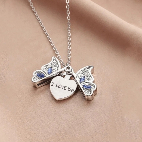 Charming Silver "I love you" Butterfly Pendant Necklace - Picture 7 of 8